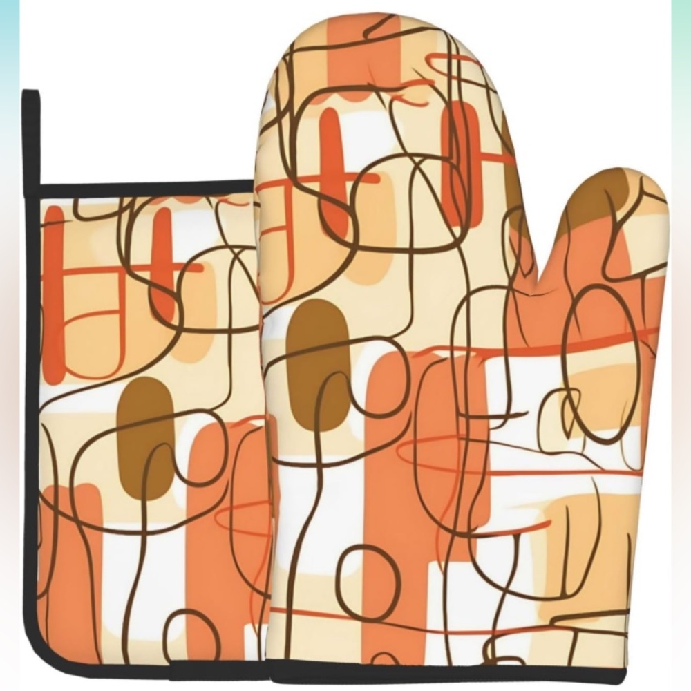 Mid Century Fifties Modern Curvilinear Grid Oven Mitt and Pot Holder Set